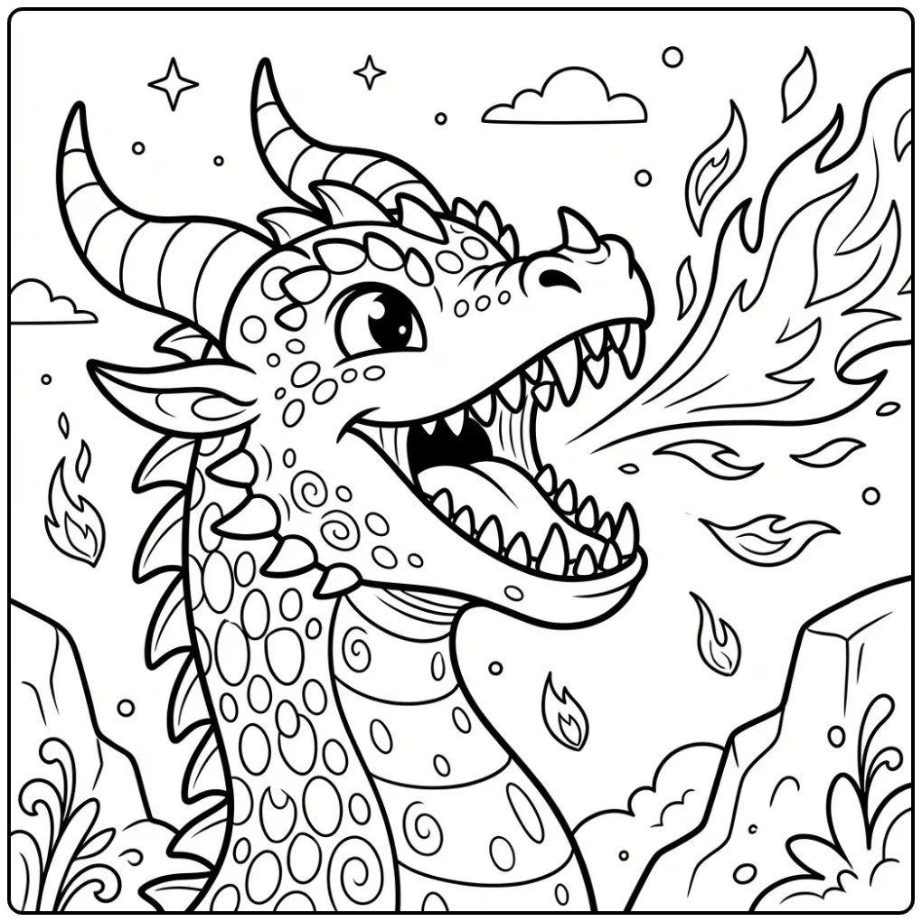 Schattige kleurplaat draak met vuur die vlammen spuwt.