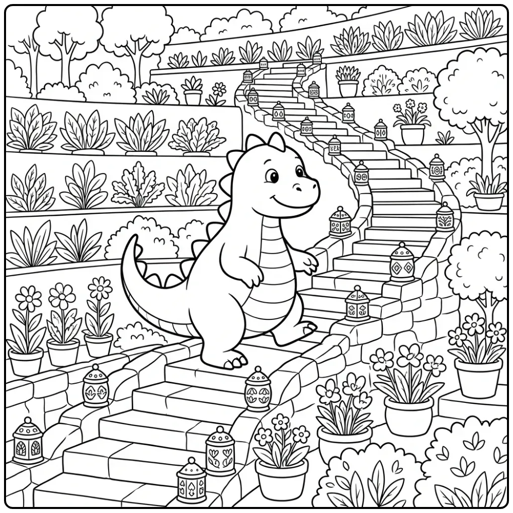 Kleurplaat draak die een heuveltuin met lantaarns verkent.