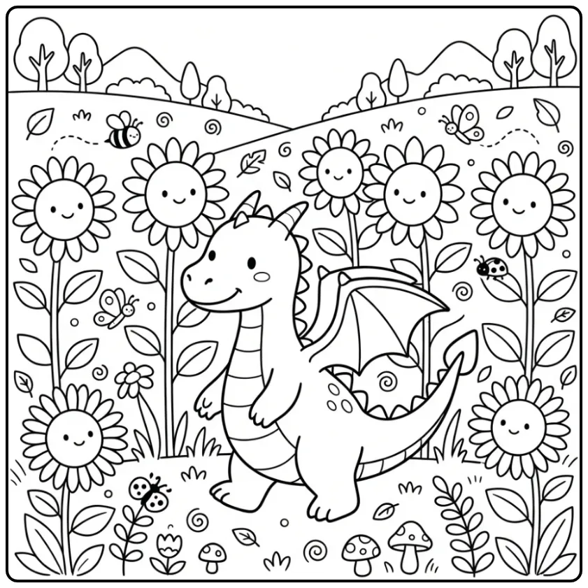 Een schattige kleurplaat draak tussen hoge zonnebloemen.