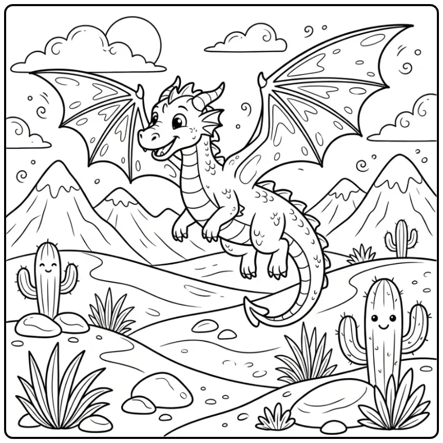 Een schattige kleurplaat draak vliegend boven de woestijn.