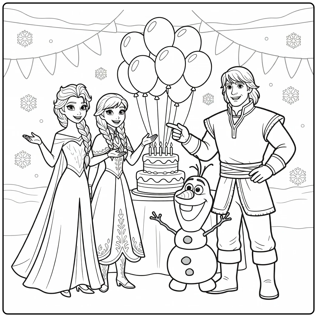 Leuke kleurplaat frozen verjaardag met Elsa, Anna en Olaf.