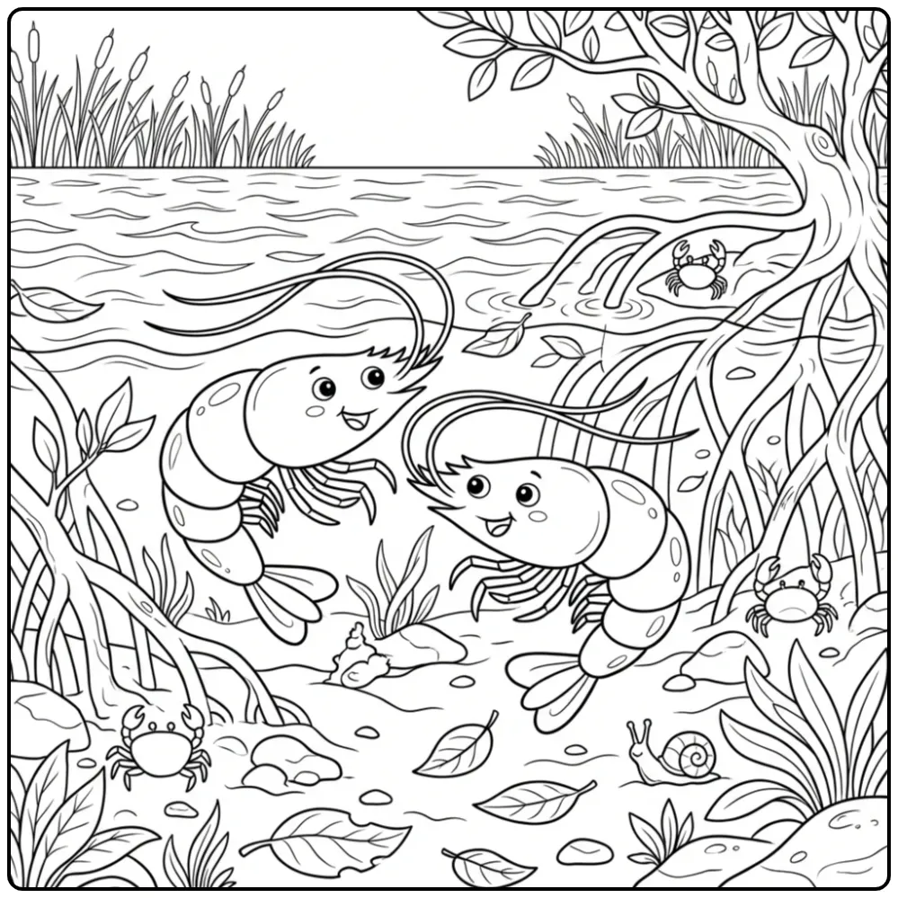 Leuke kleurplaat garnaal met vriendje in het water.