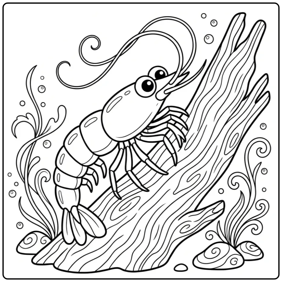 Schattige kleurplaat garnaal op drijfhout onder water.