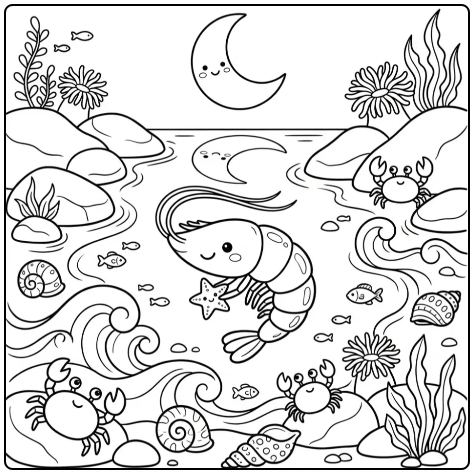 Schattige kleurplaat garnaal in een getijdenpoel 's nachts.