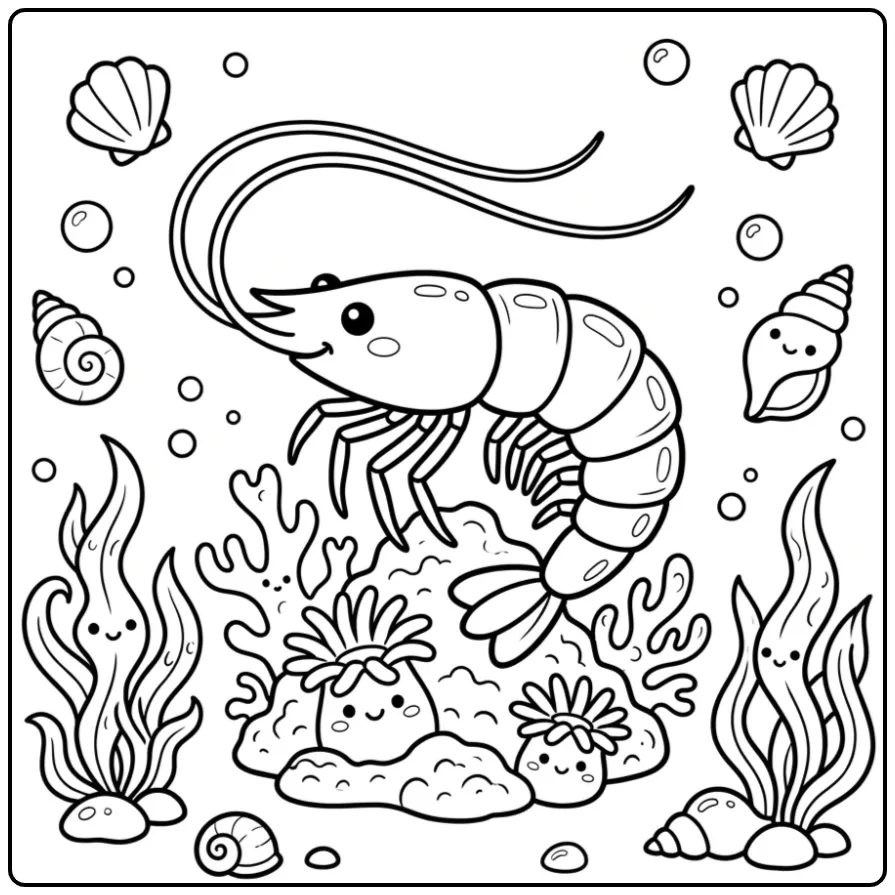 Leuke kleurplaat garnaal op een koraalrif onder water.