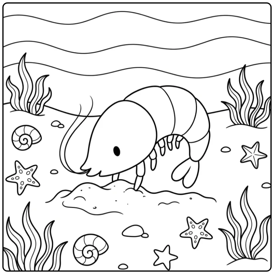 Een schattige kleurplaat garnaal die in het zand graaft.