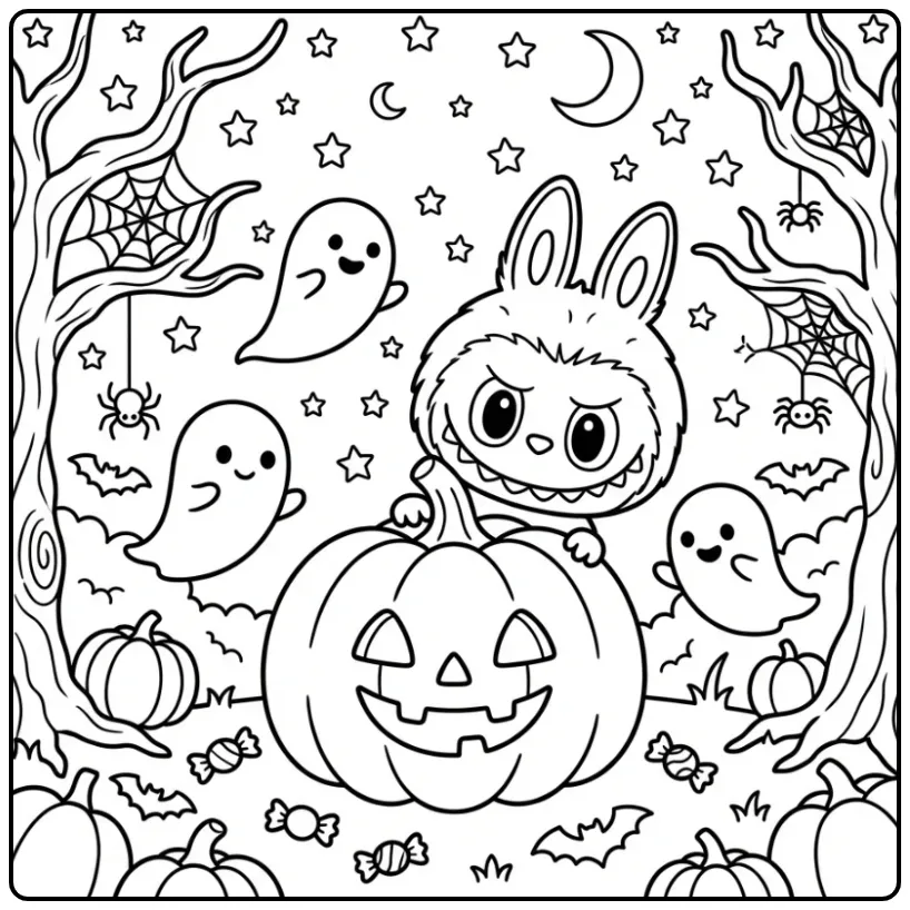 Schattige kleurplaat halloween labubu achter een pompoen.