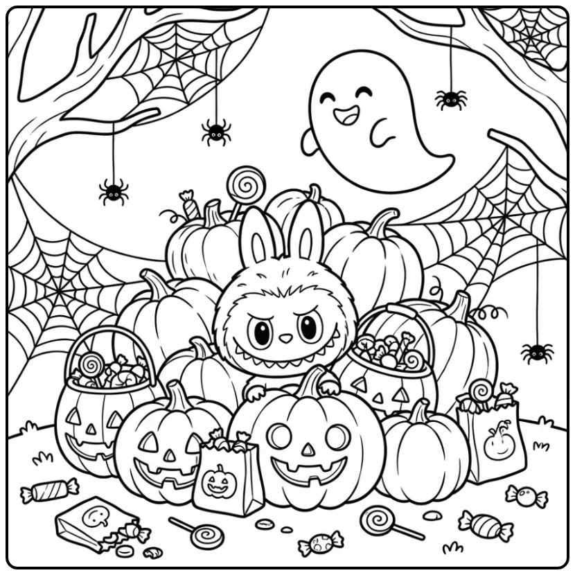 Schattige kleurplaat halloween labubu met spook en pompoenen