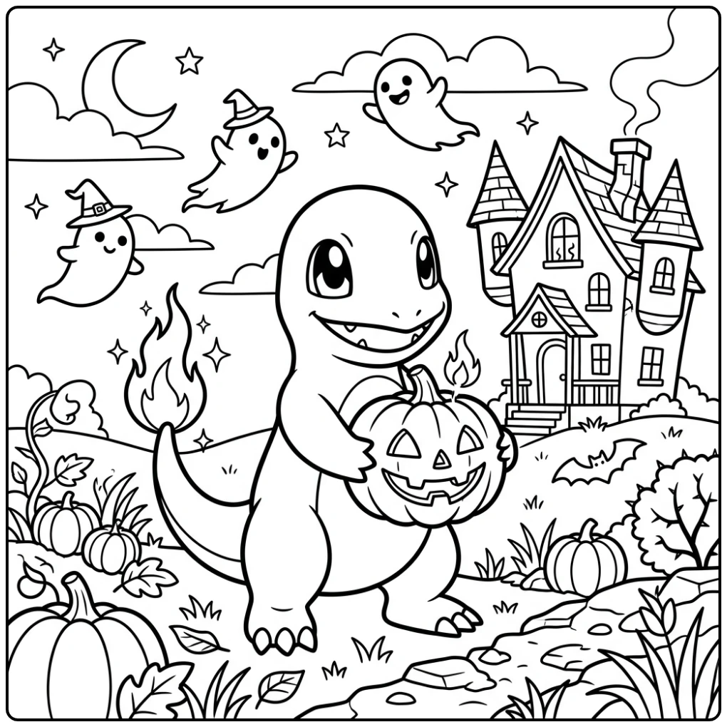 Charmander's kleurplaat halloween pokemon met pompoen en spoken