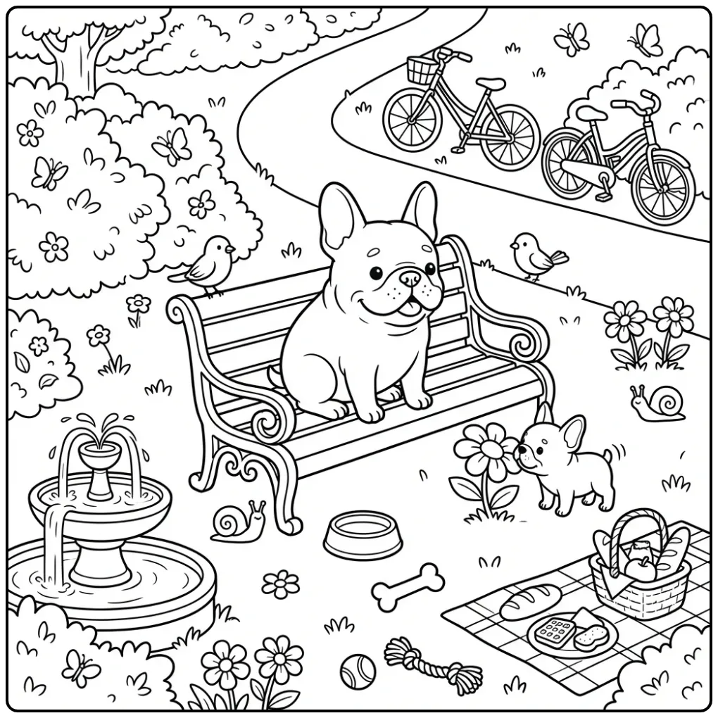 Leuke kleurplaat honden puppies in een zonnig park met bloemen.