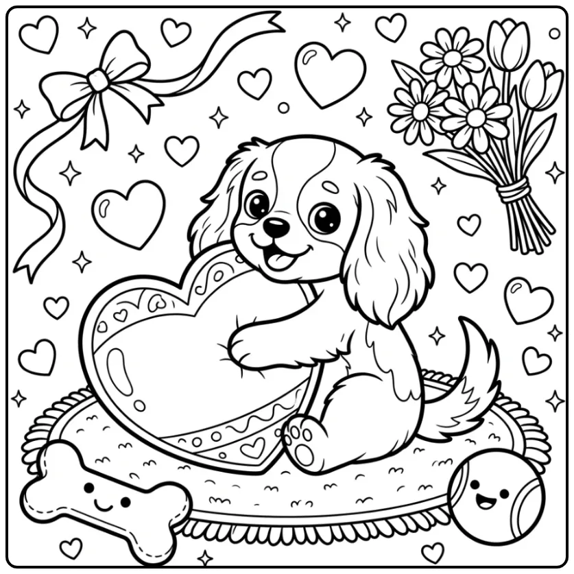 Een lieve kleurplaat hondje met hartje om in te kleuren.