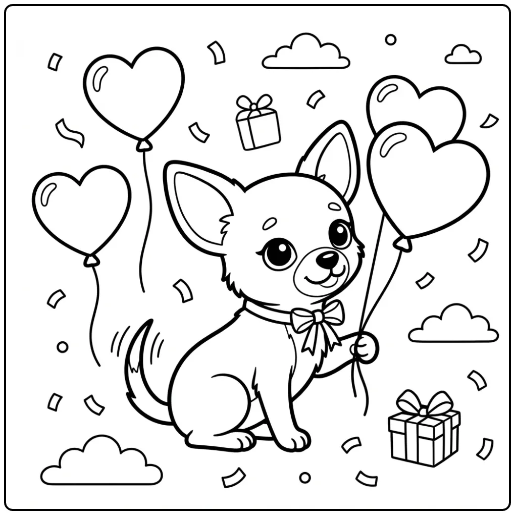 Schattige chihuahua kleurplaat hondje met hartje en ballon