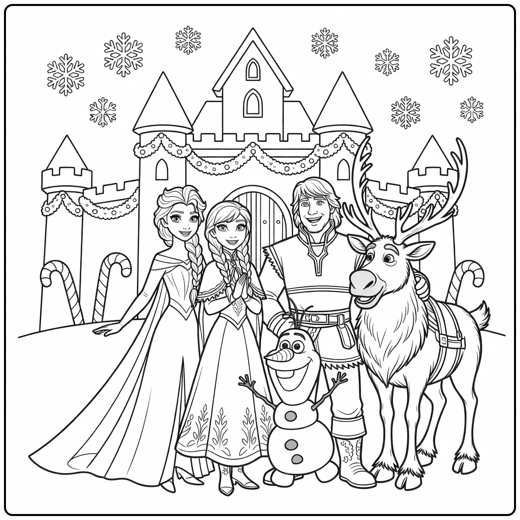 Leuke kleurplaat kerst frozen met Elsa, Anna en Olaf.