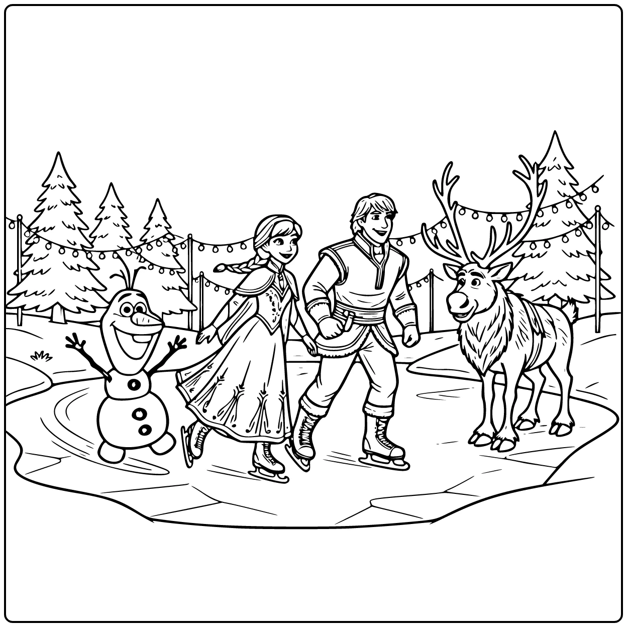 Olaf schaatst op deze kleurplaat kerst frozen met Anna.