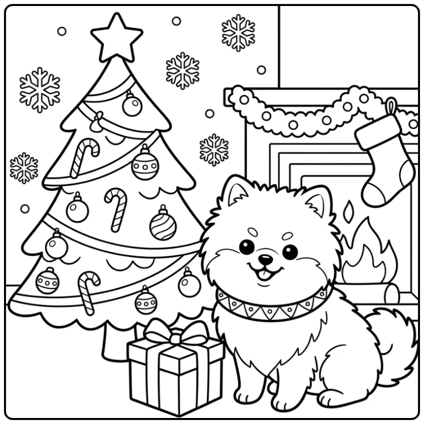 Leuke kleurplaat kerst puppy met cadeautjes bij de boom.