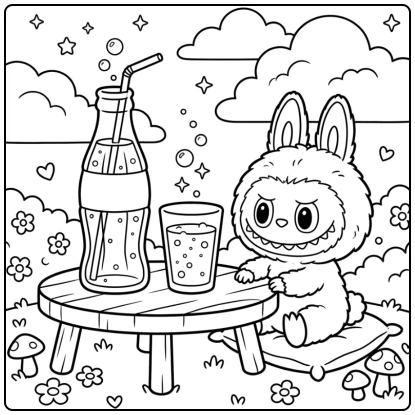 Schattige kleurplaat labubu cola met bubbels en sterren.