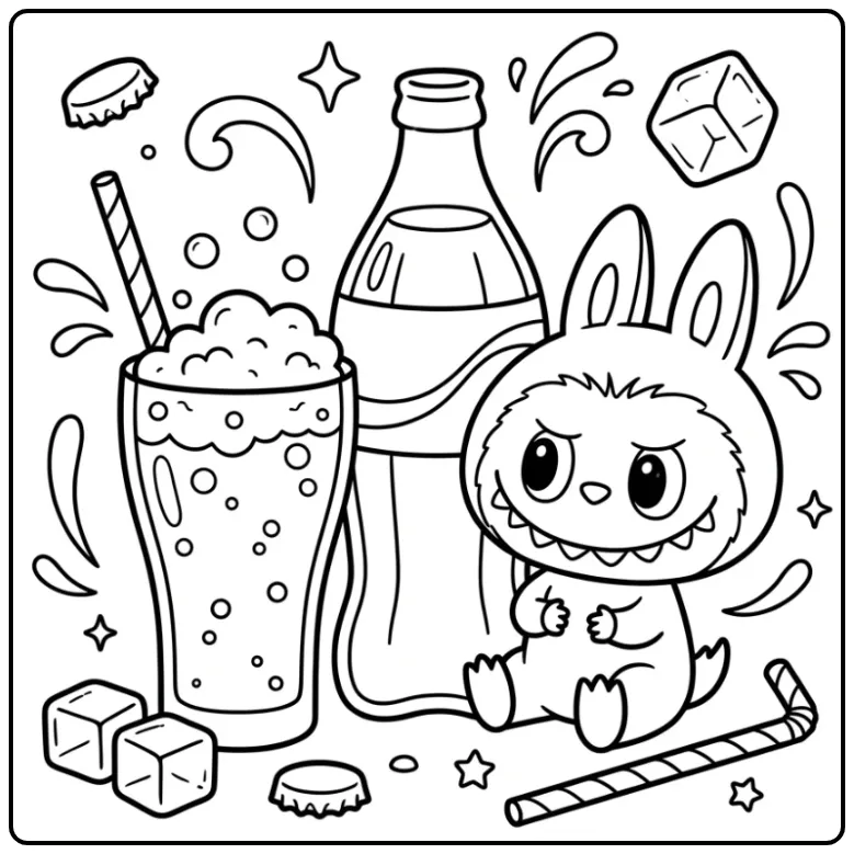 Een schattige kleurplaat labubu cola met bubbels en ijsblokjes.