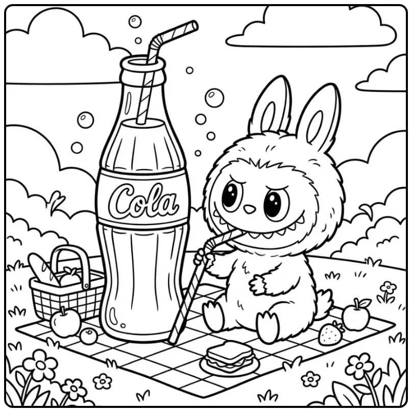 Leuke kleurplaat labubu cola met rietje en bubbels buiten.