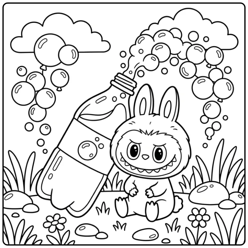 Schattige kleurplaat labubu cola bij een grote fles frisdrank.