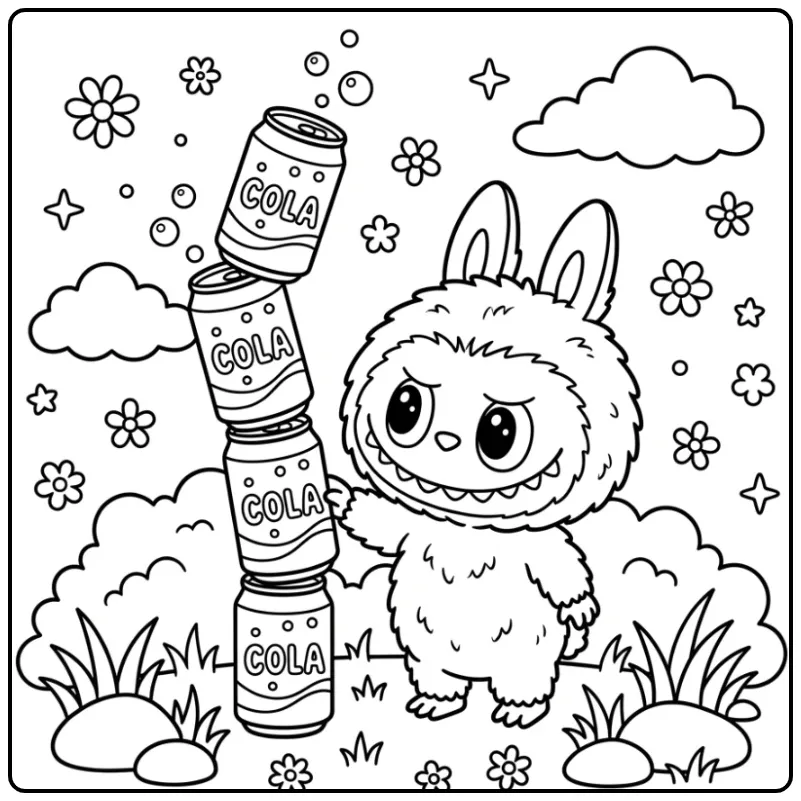 Schattige kleurplaat labubu cola met bubbels en wolken.