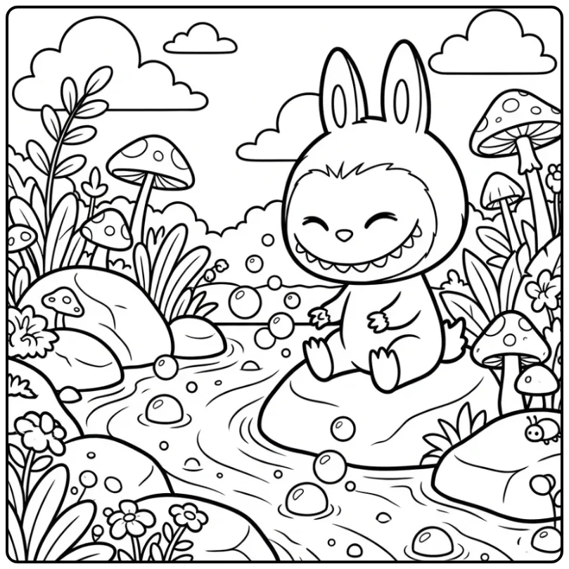 Een schattige kleurplaat labubu cola aan een rivier.