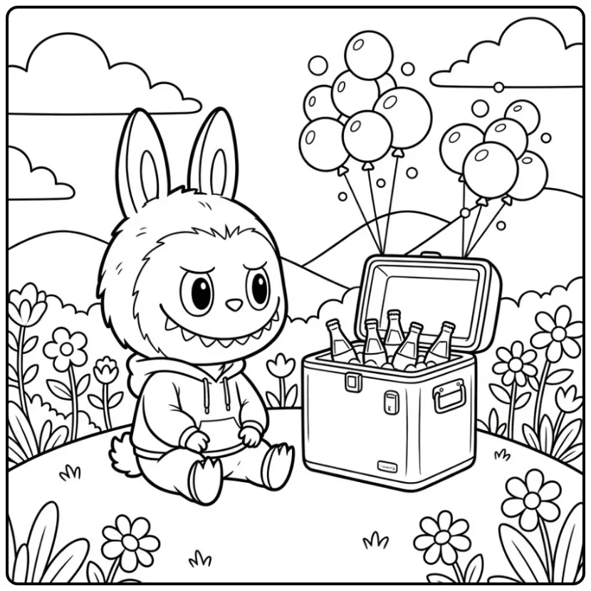 Een schattige kleurplaat labubu cola in het gras met bubbels.