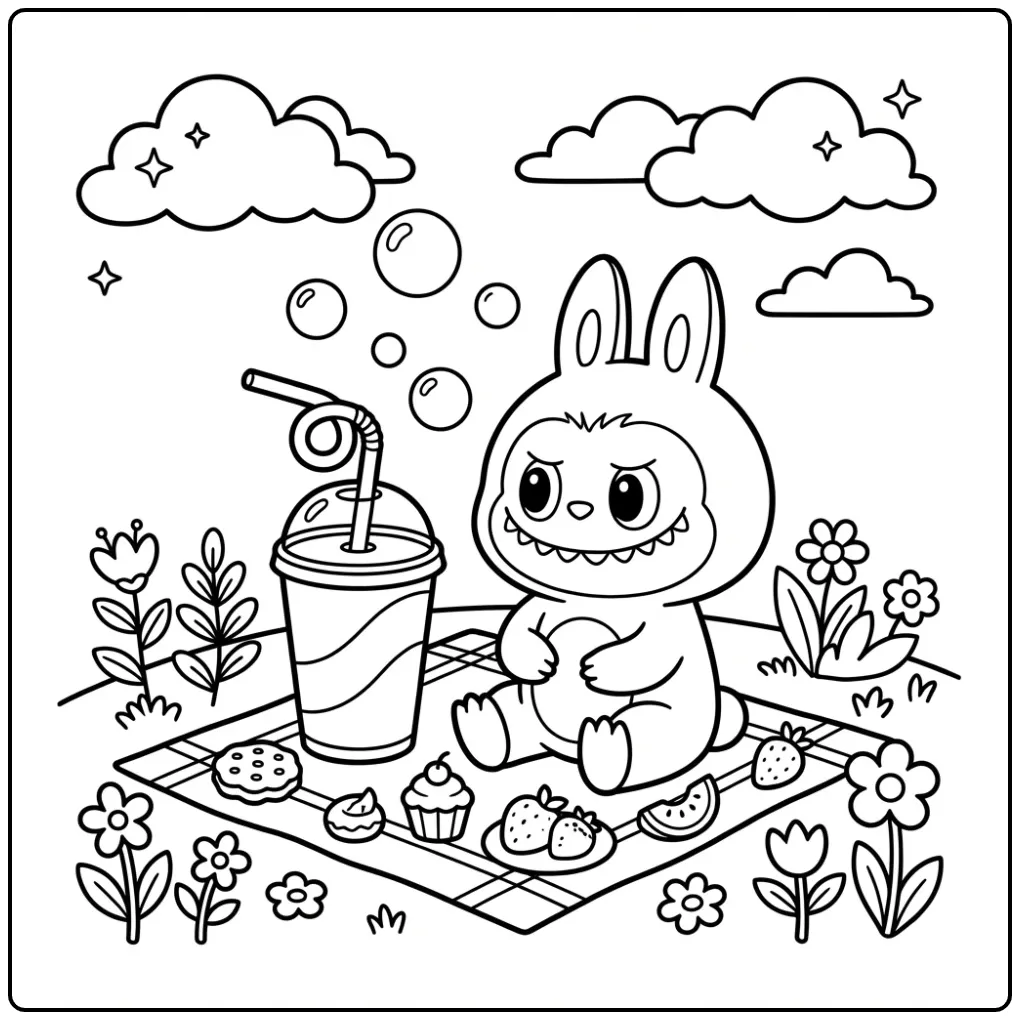 Leuke kleurplaat labubu cola op een picknickkleed buiten.