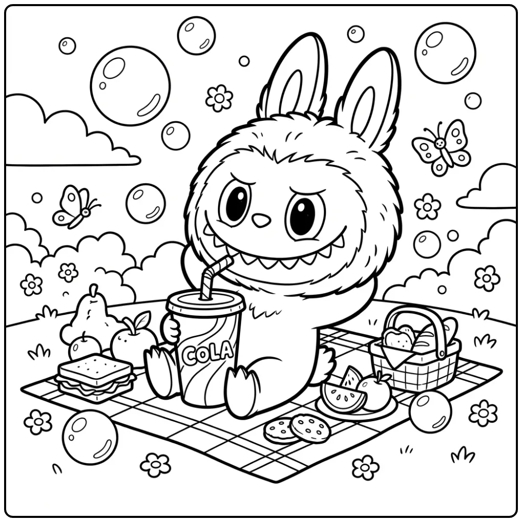 Een leuke kleurplaat labubu cola met picknick en vlinders.