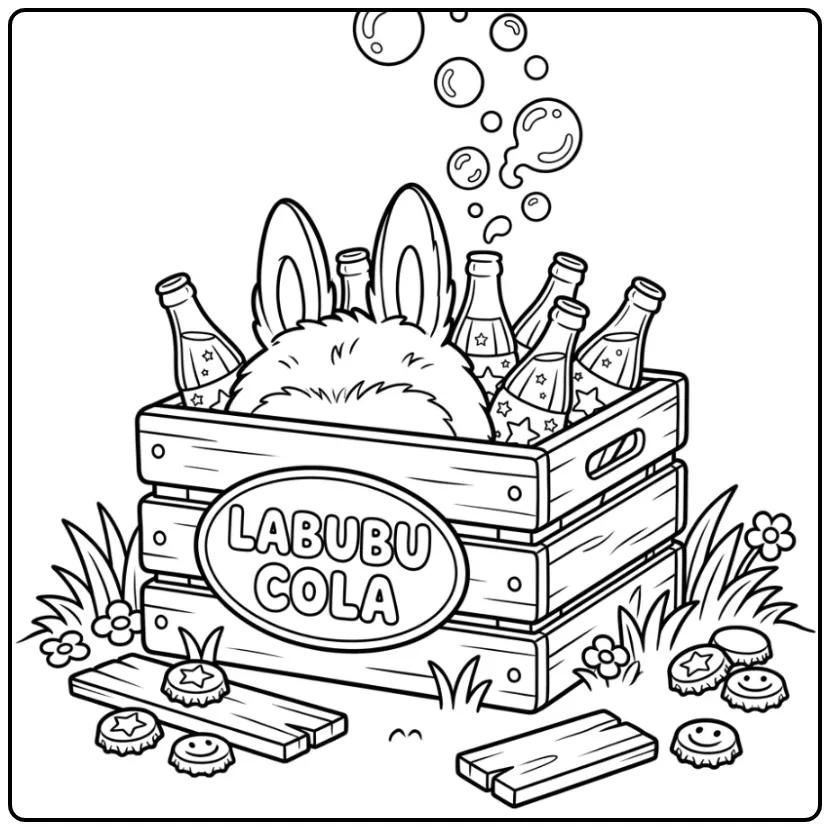 Schattige kleurplaat labubu cola in een houten kistje.
