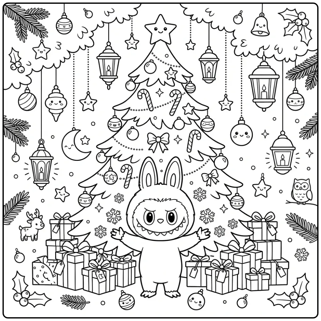 Magische kleurplaat labubu kerst met sneeuw en cadeautjes.
