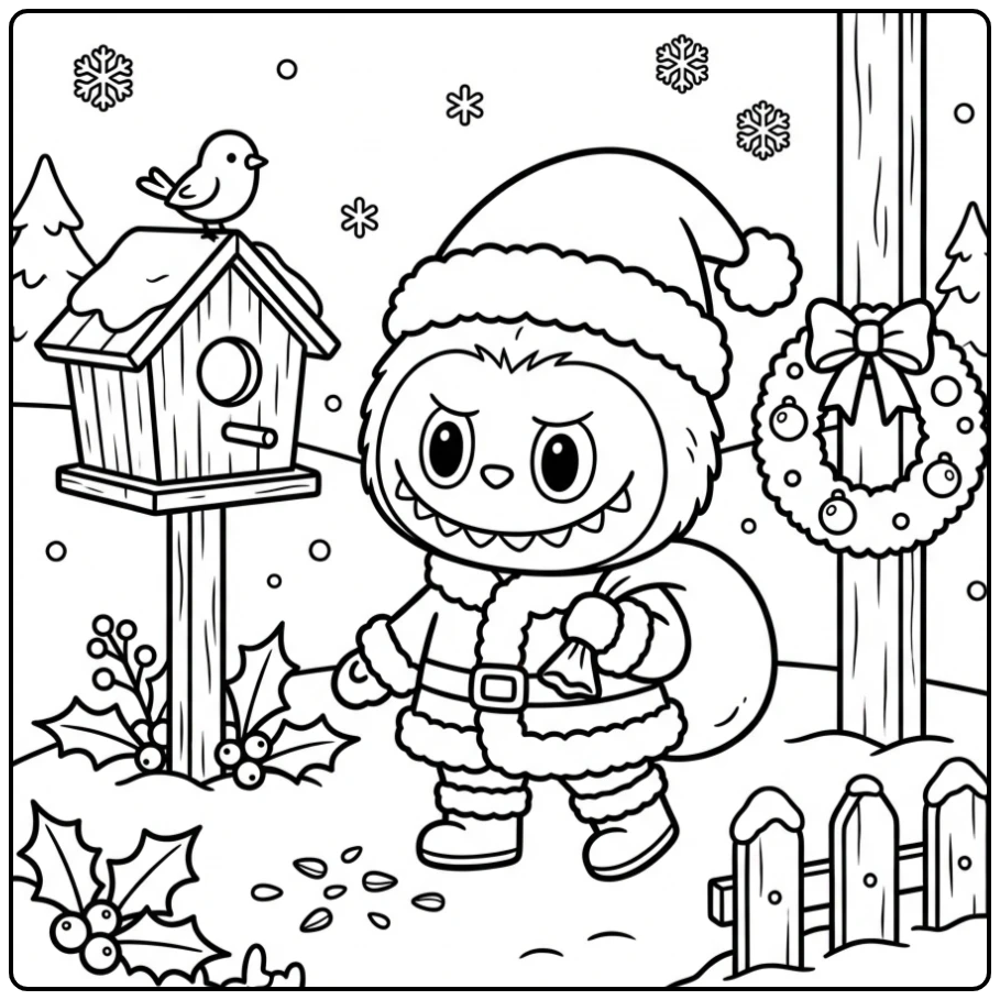 Leuke kleurplaat labubu kerst in een hanenpakje in de sneeuw