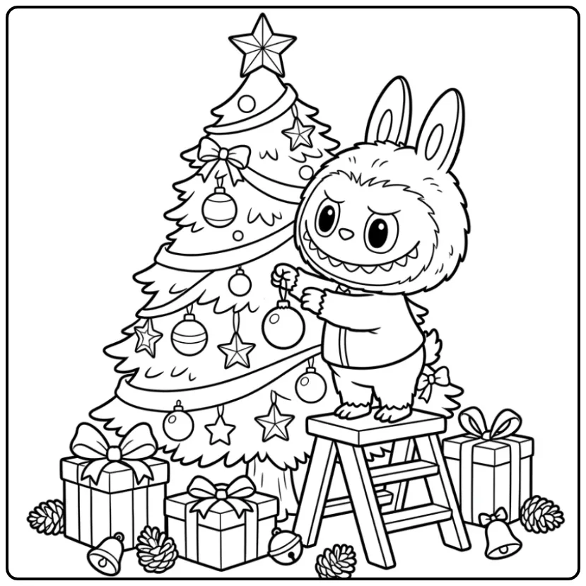 Feestelijke kleurplaat labubu kerst met cadeautjes.