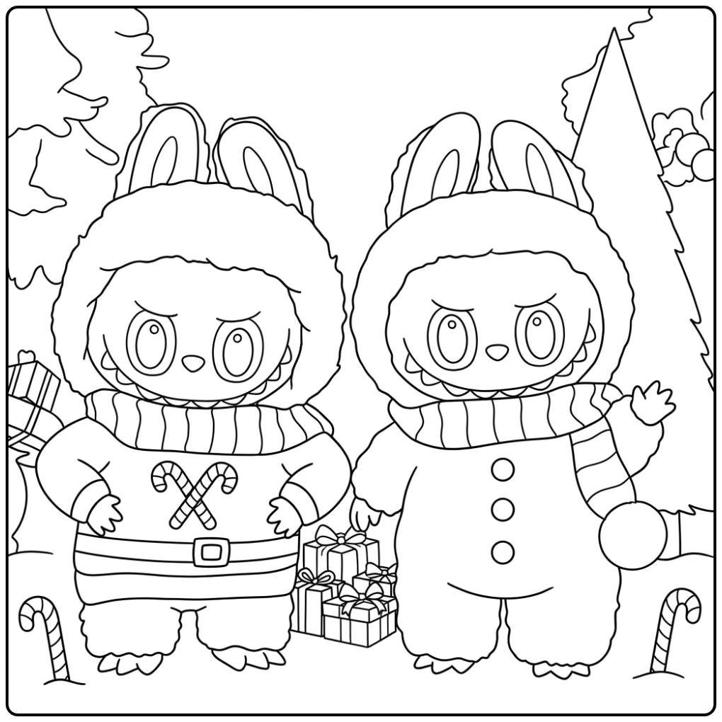 Leuke kleurplaat labubu kerst in feestelijke kleding met cadeaus.