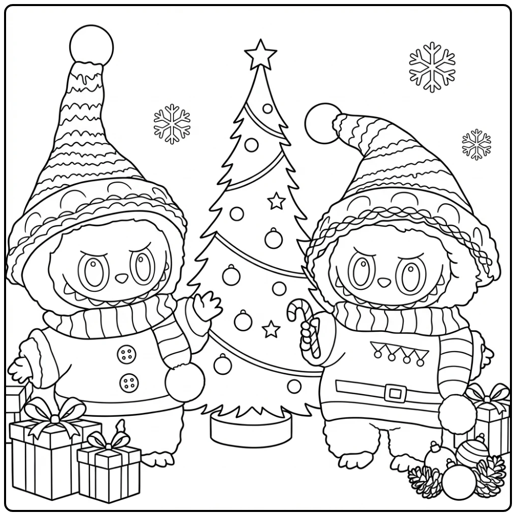 Kleurplaat labubu kerst: twee figuren bij boom en cadeaus.