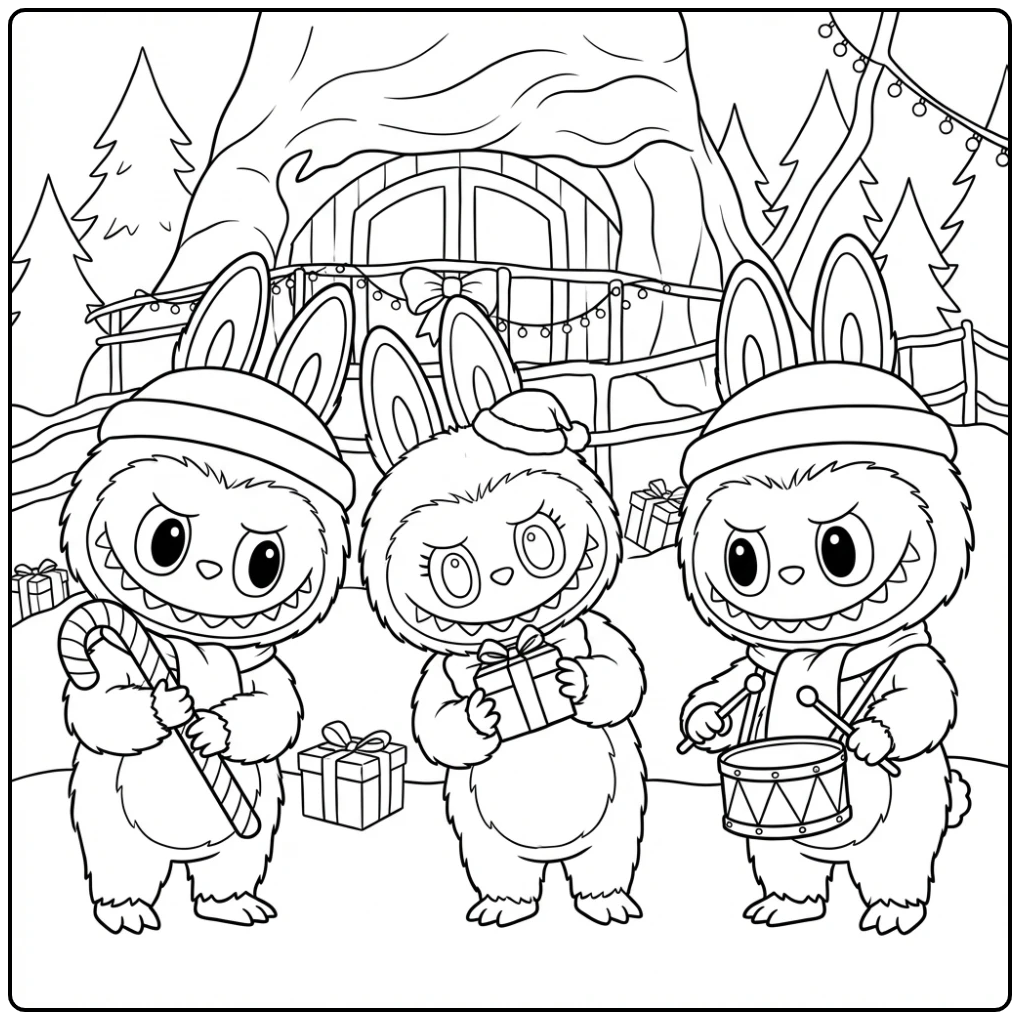 Kleurplaat labubu kerst met drie figuren en cadeautjes.