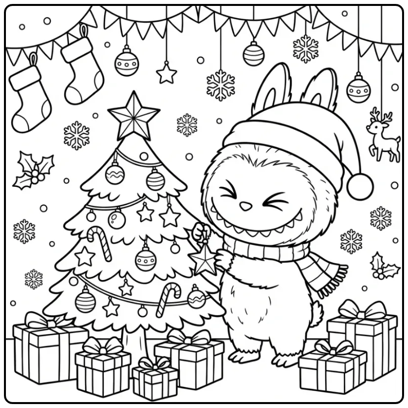 Leuke kleurplaat labubu kerst versiert de boom met sterren.