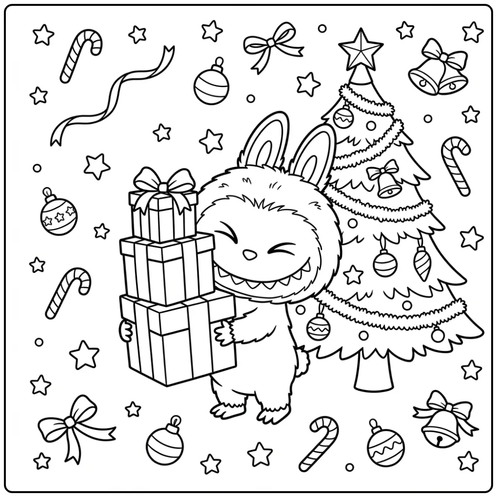 Een schattige kleurplaat labubu kerst met cadeautjes en boom.