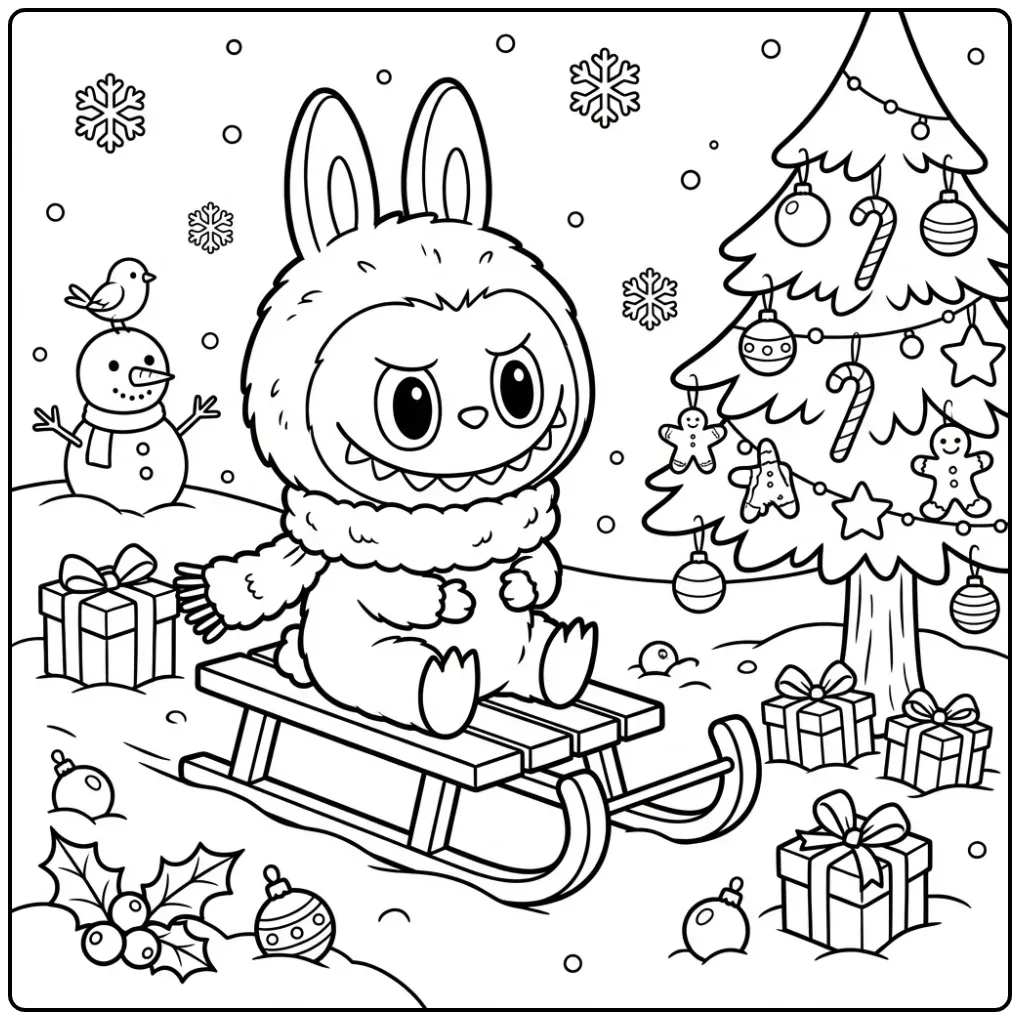 Een schattige kleurplaat labubu kerst op een slee in de sneeuw.
