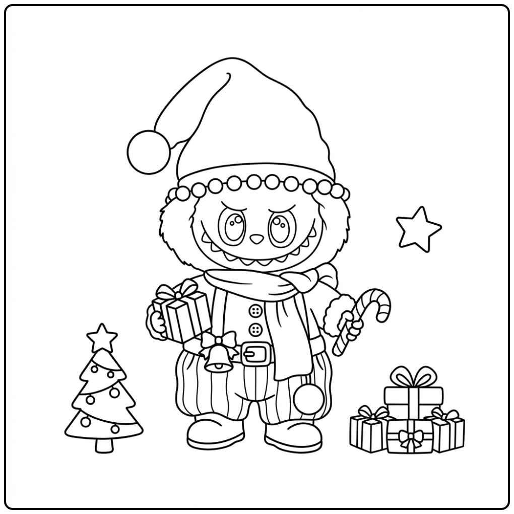 Kleurplaat labubu kerst met cadeaus en een kerstboom.