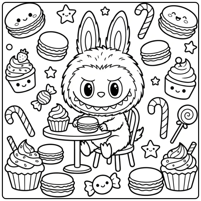 Schattige kleurplaat labubu macaron met zoete lekkernijen.