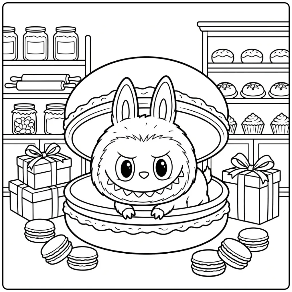 Schattige kleurplaat labubu macaron in een zoete bakkerij.