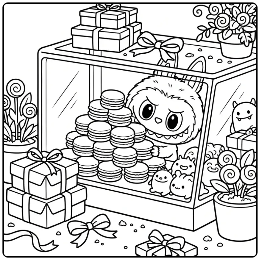 Schattige kleurplaat labubu macaron in de bakkerij.