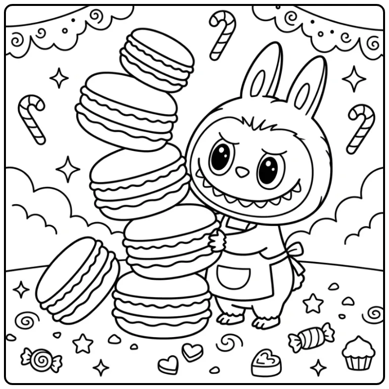 Leuke kleurplaat labubu macaron die koekjes stapelt.