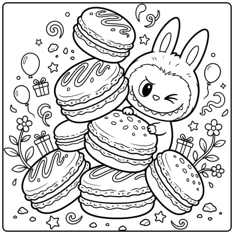 Leuke kleurplaat labubu secret met toren van macarons.