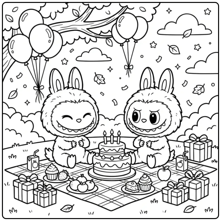 Schattige kleurplaat labubu verjaardag picknick met taart.