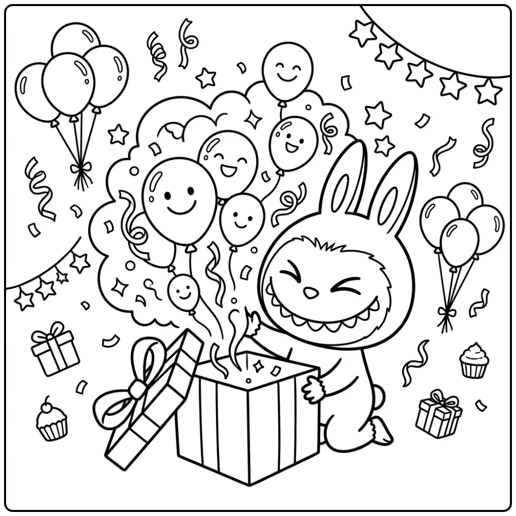 Feestelijke kleurplaat labubu verjaardag met ballonnen