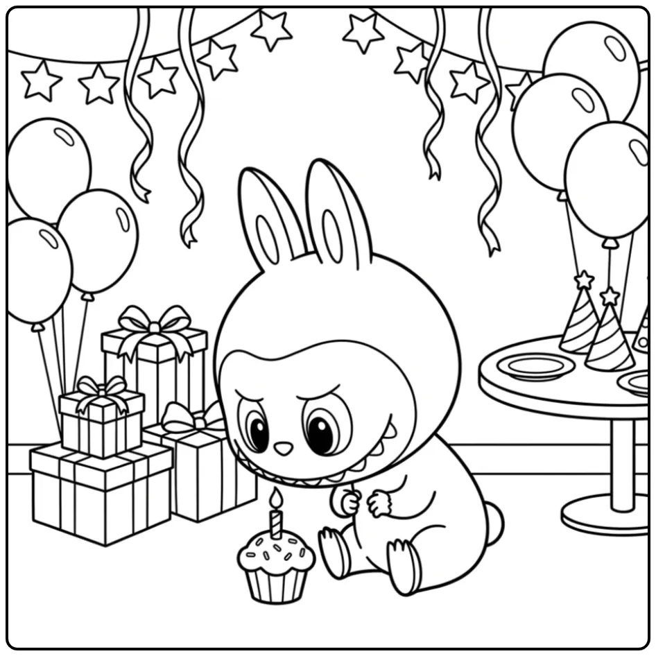 Kleurplaat labubu verjaardag met cadeaus en een cupcake.