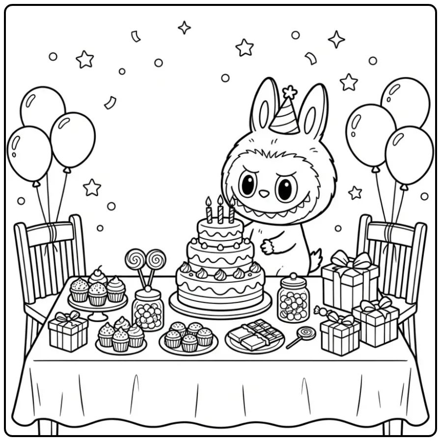 Leuke kleurplaat labubu verjaardag met cadeaus en taart