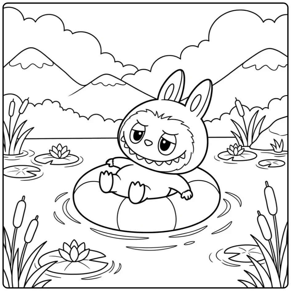 Een leuke kleurplaat labubu zomer in een zwemband op het meer.