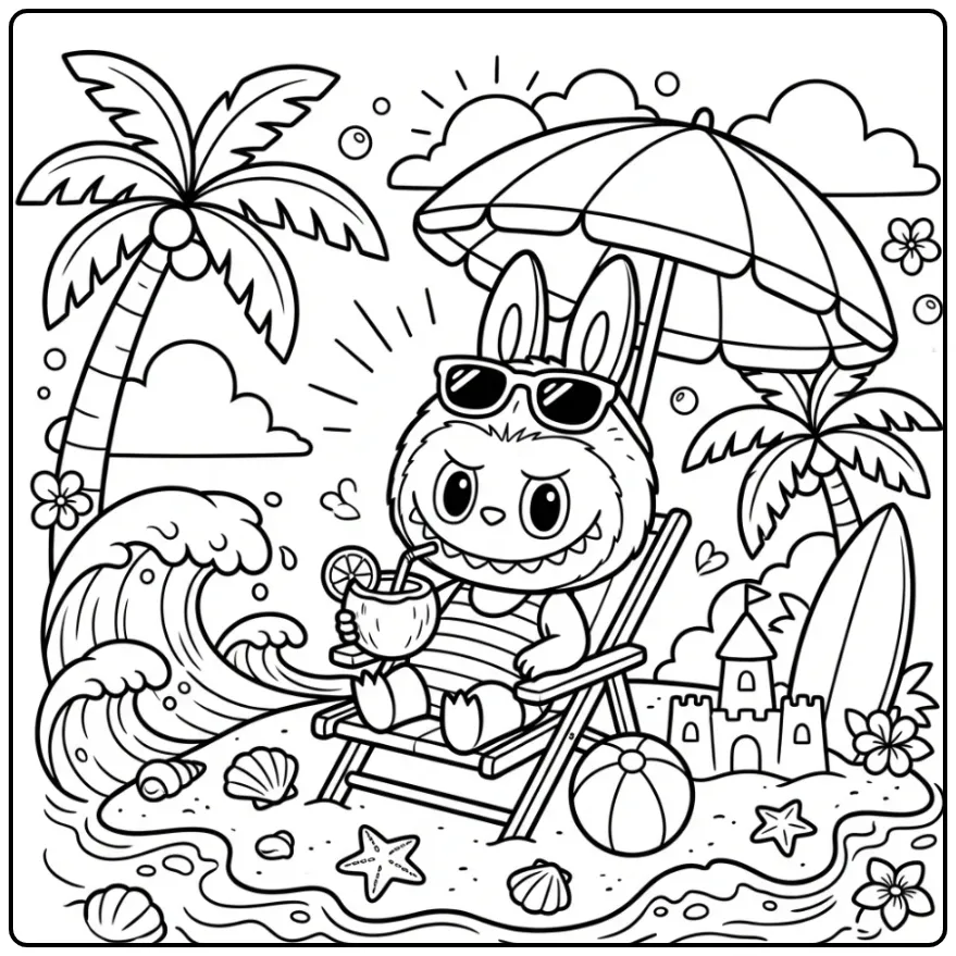 Zonnige kleurplaat labubu zomer onder een grote strandparasol.